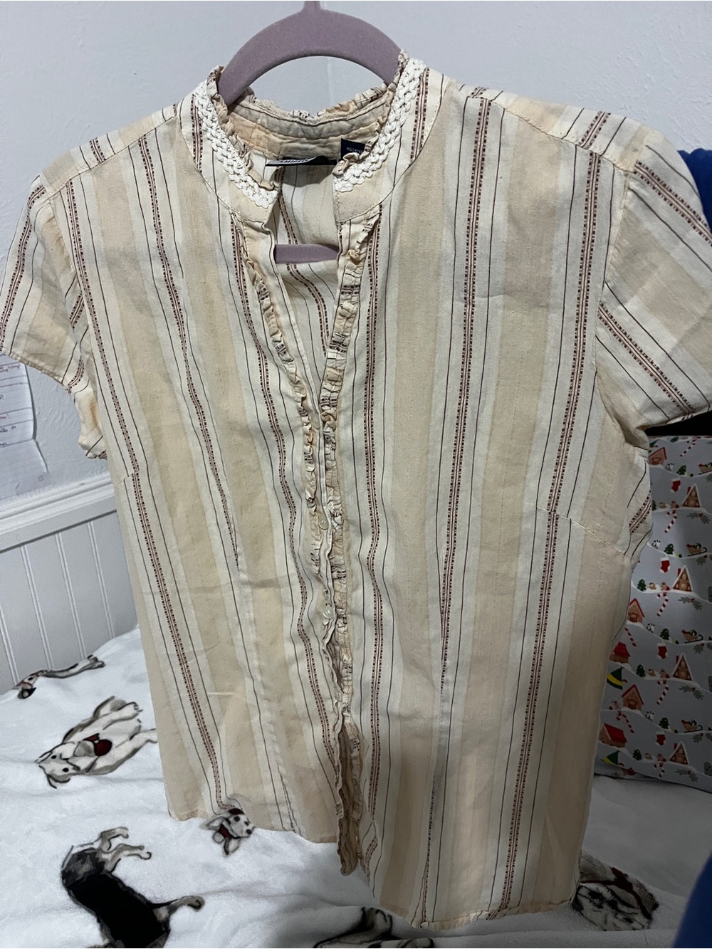 Women’s Cream Striped Button-Down Shirt with Ruffle Trim